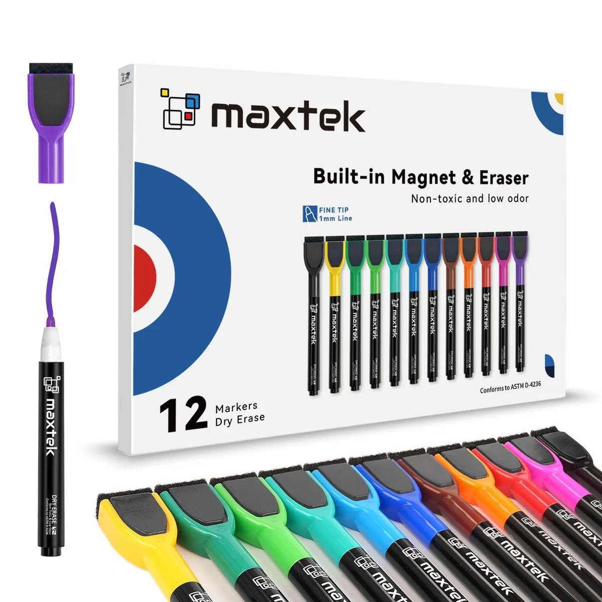  maxtek DEM-12MCUS 12-color fine-tip whiteboard markers with magnetic caps and erasers .5 mm tip 97 g pack — product photo