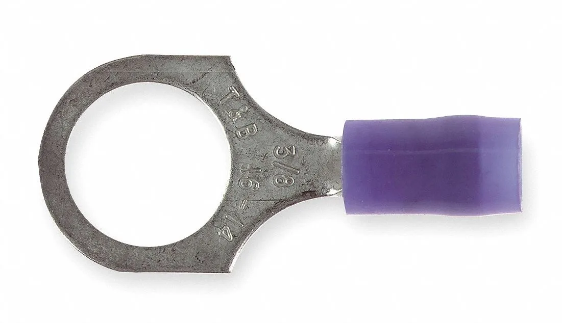 Blue nylon ring terminal with tin-plated copper barrel and 1/2 inch stud hole