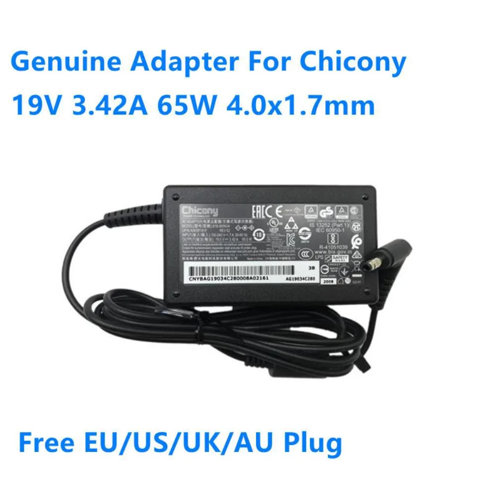 Black rectangular power brick with 4.0x1.7mm barrel plug and detachable cord