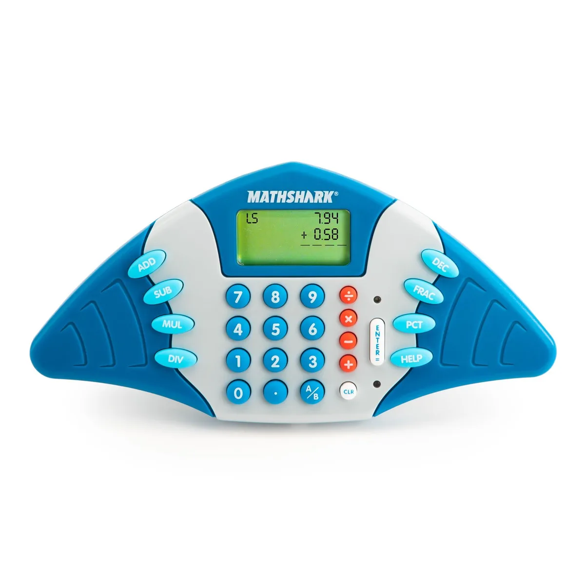 Yellow handheld electronic math game with LCD screen and colored buttons