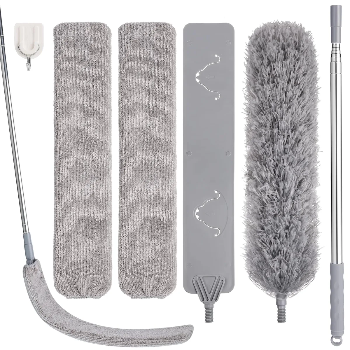 Four-piece microfiber duster set with telescopic stainless steel pole extending to 100 inches