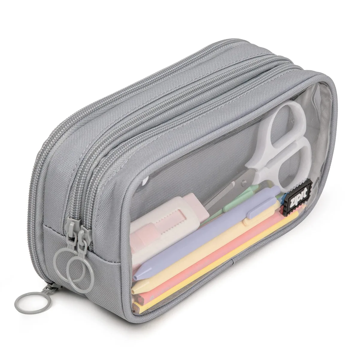 Grey polyester pencil case with transparent front panel and three zippered compartments