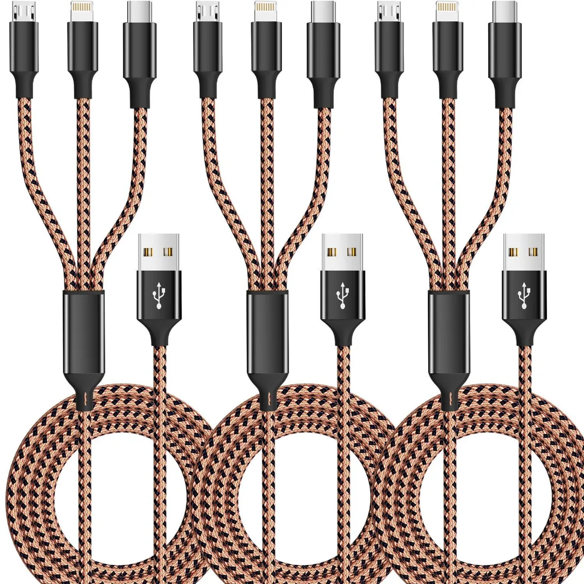 Three coffee-and-black nylon-braided cables with Lightning, USB-C and Micro-USB tips