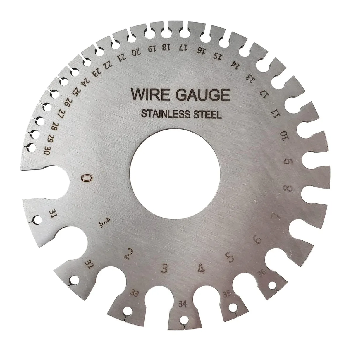 Round stainless steel wire gauge with dual-sided 0-36 US standard markings
