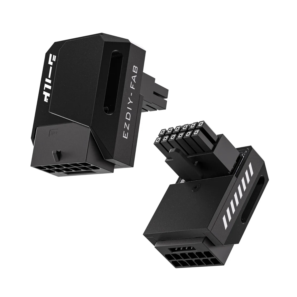 Black 90-degree right-angle 12VHPWR GPU power adapter with aluminum mech-armor shield casing