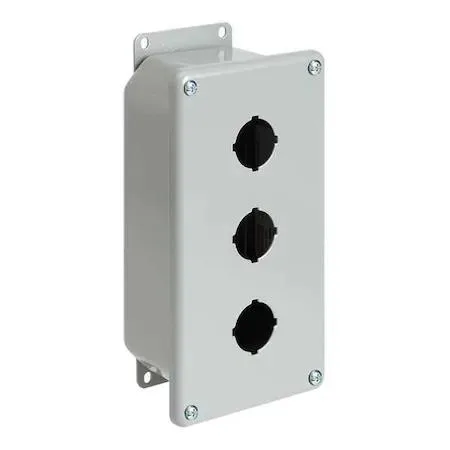 Gray steel push button enclosure with one 22 mm hole and external mounting feet