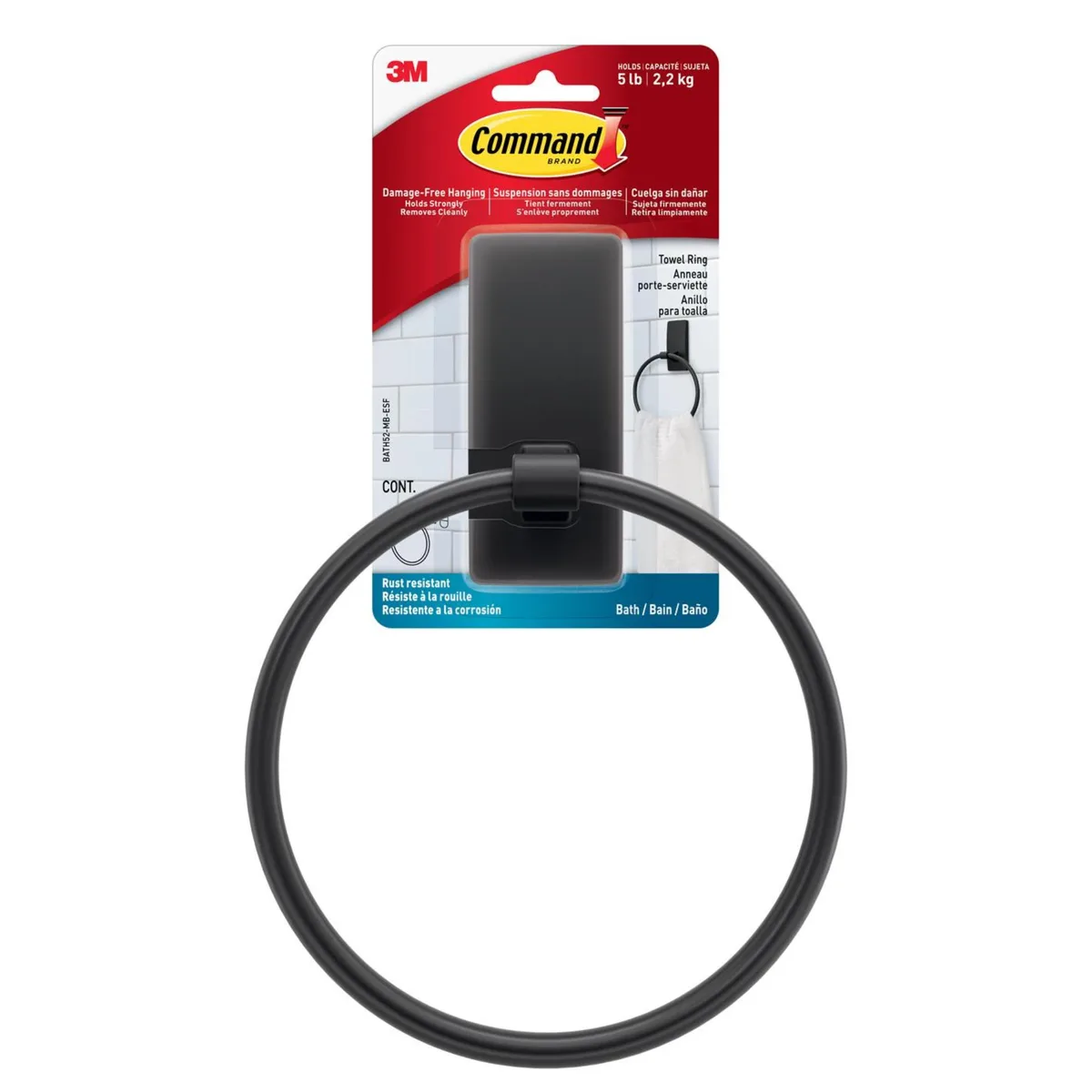 Matte black metal towel ring with adhesive strips