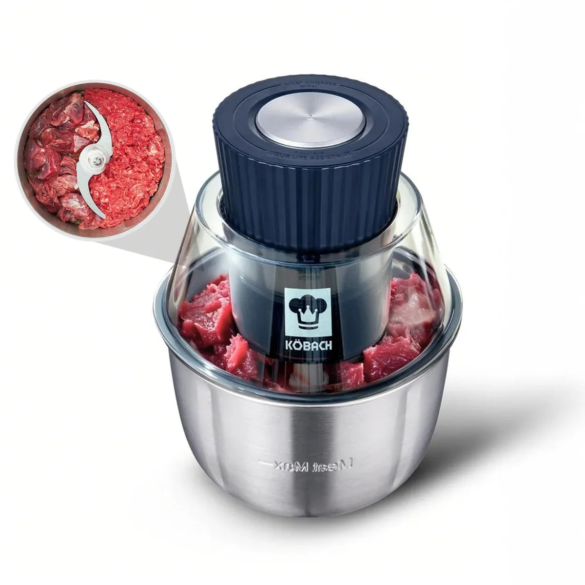 Blue 1.9 Qt food processor with clear lid and stainless bowl