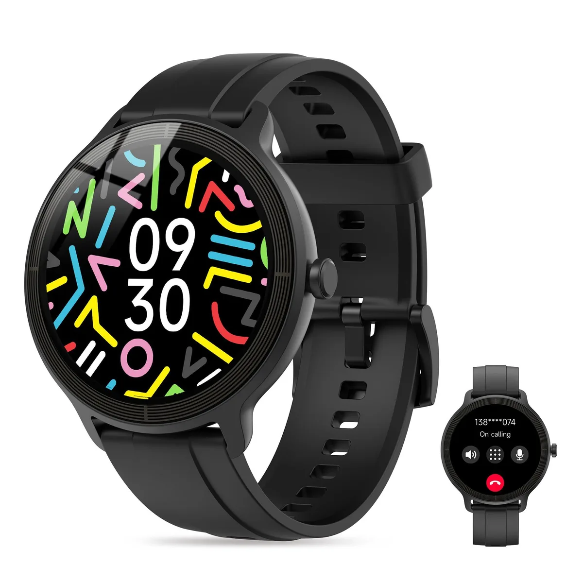 Black rectangular smartwatch with 1.04 inch screen and matching strap