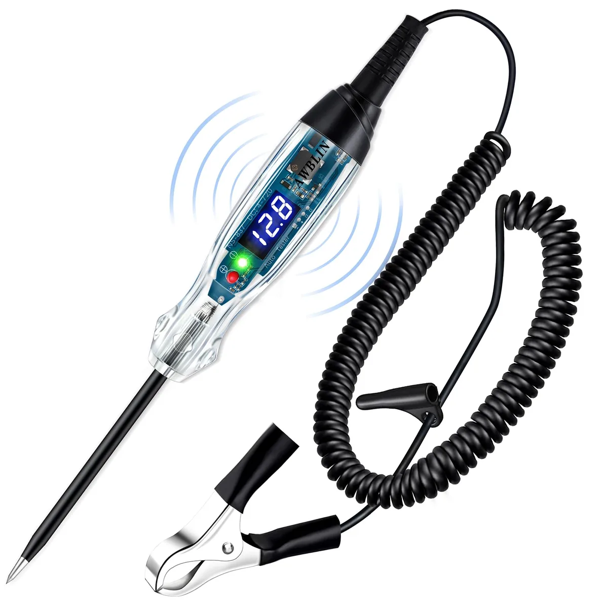 Handheld automotive circuit tester with probe guard, coiled cord and alligator clamp