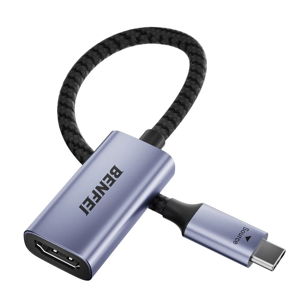 Grey rectangular USB-C to HDMI adapter with aluminium shell