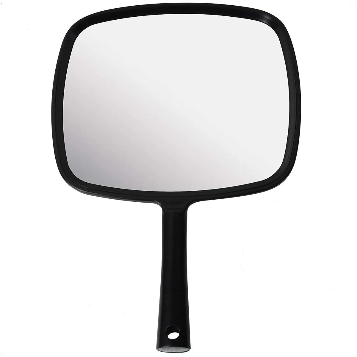 Black rectangular hand mirror with long flat handle