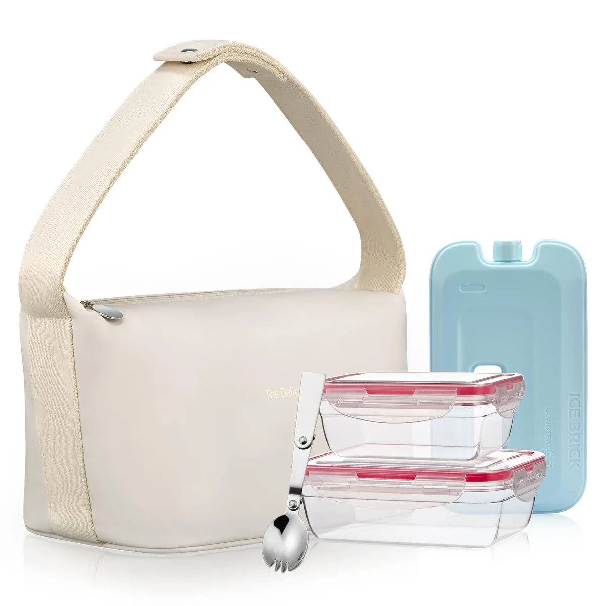 Beige faux-leather insulated tote with two containers, spoon and ice pack