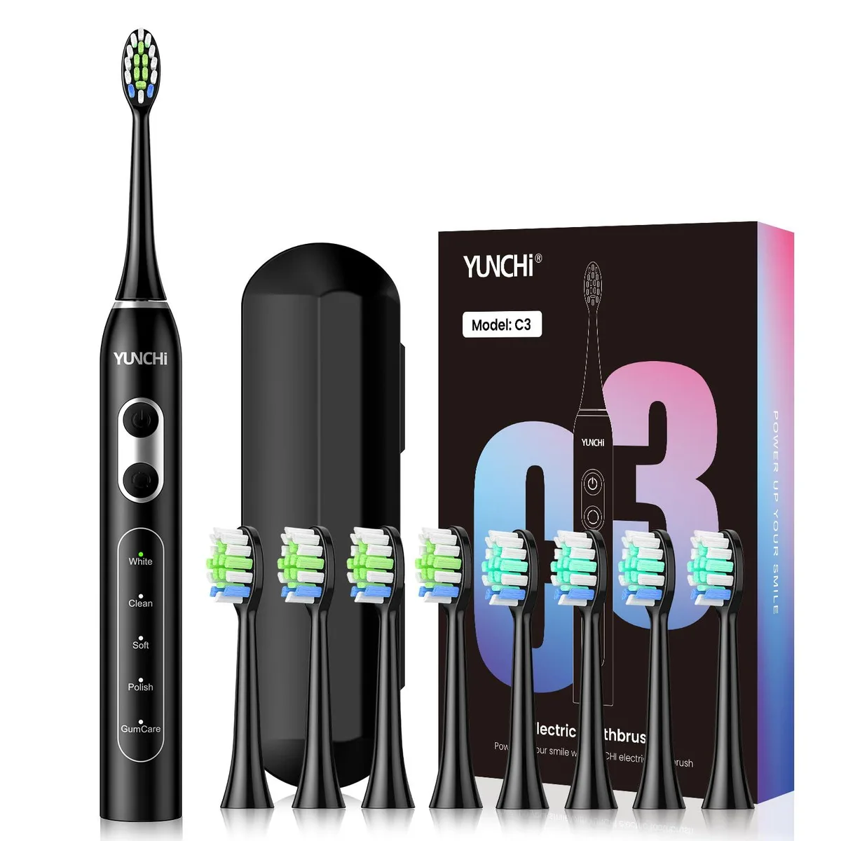 Black YUNCHI C3 sonic electric toothbrush with travel case and multiple brush heads