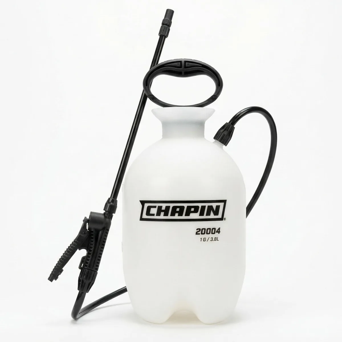 White translucent polyethylene tank sprayer with black pump handle, 34-inch hose and adjustable nozzle