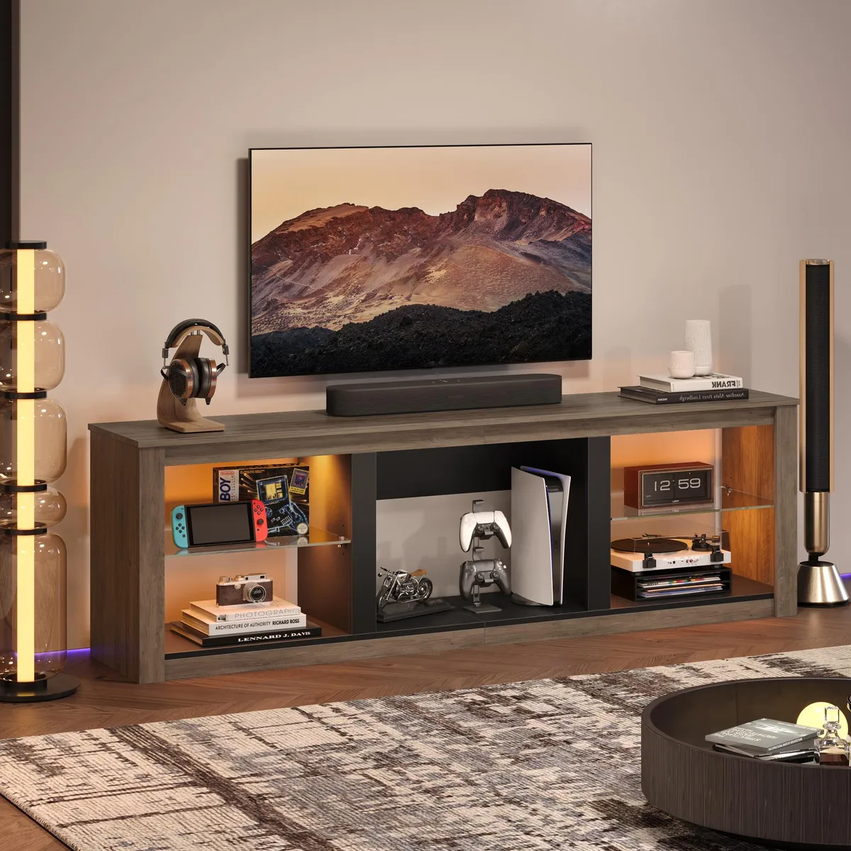 Bestier Bestier 70" TV Stand with LED Lights, Grey, 71"W 13.8"D 22.2"H — product photo