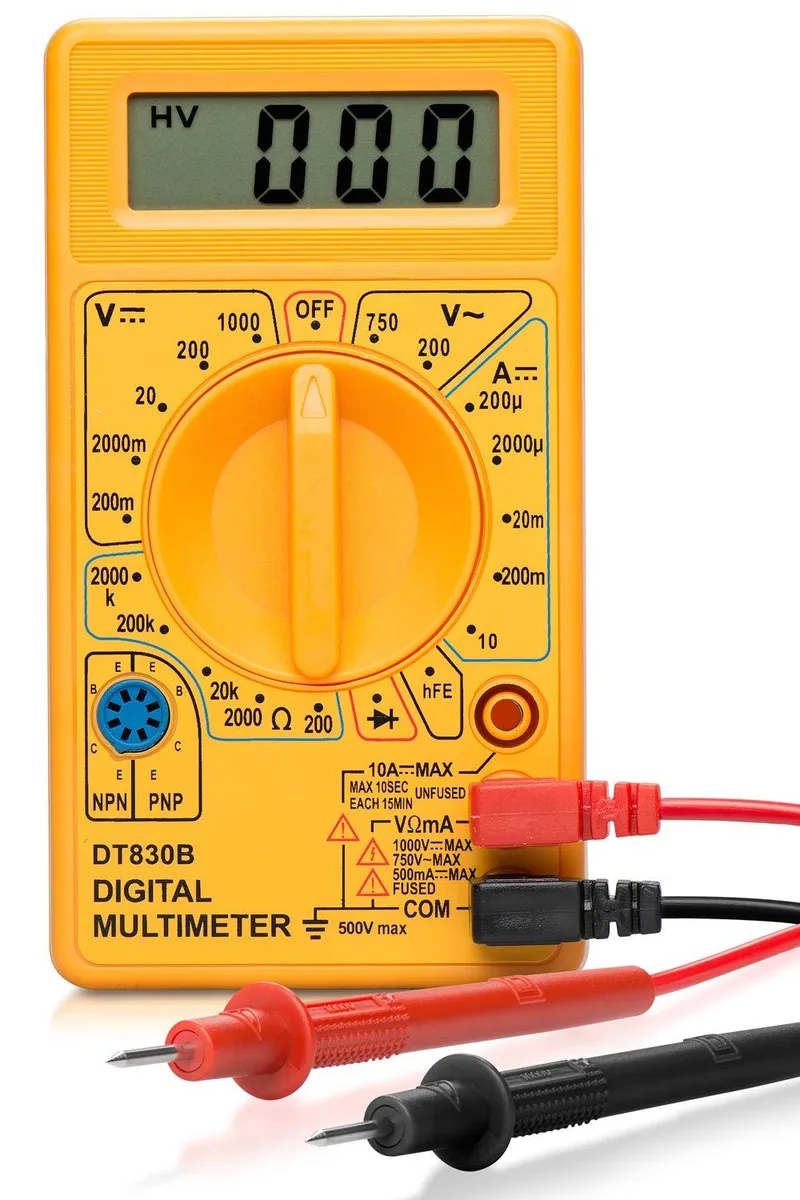 Handheld digital multimeter with large LCD screen and red black test leads
