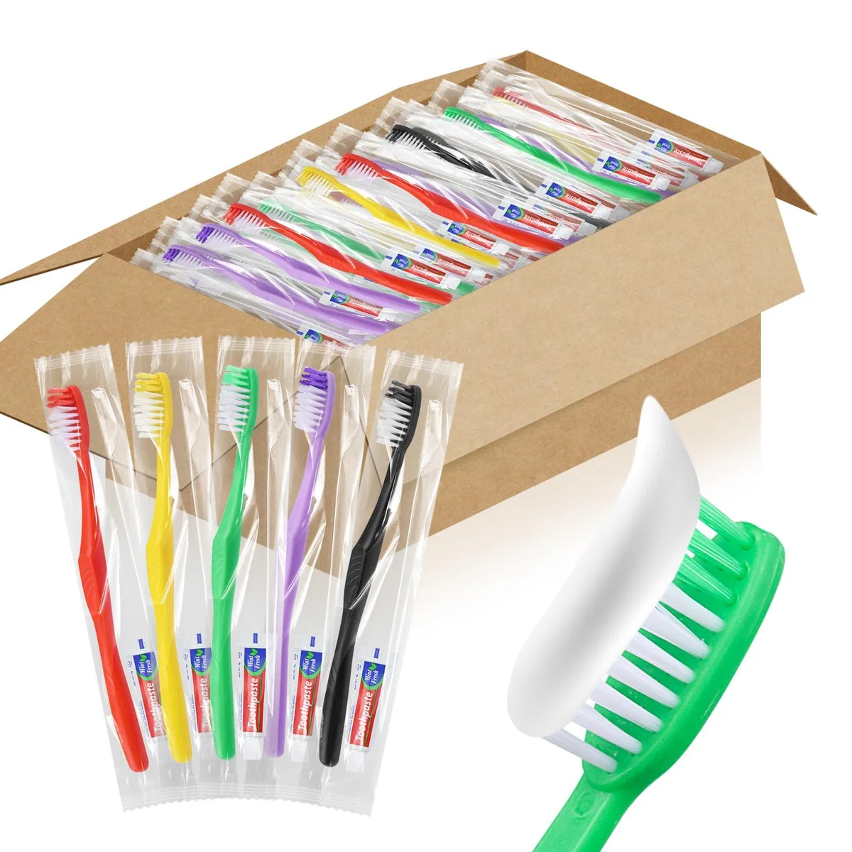Bulk box of 200 individually wrapped disposable toothbrushes with 5g toothpaste in five colours