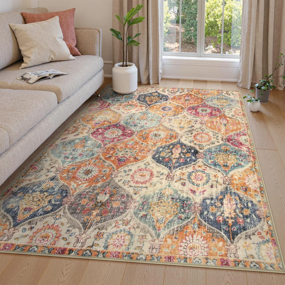 Rectangular runner with burnt orange and teal trellis pattern on beige ground, low pile polyester, non-slip backing