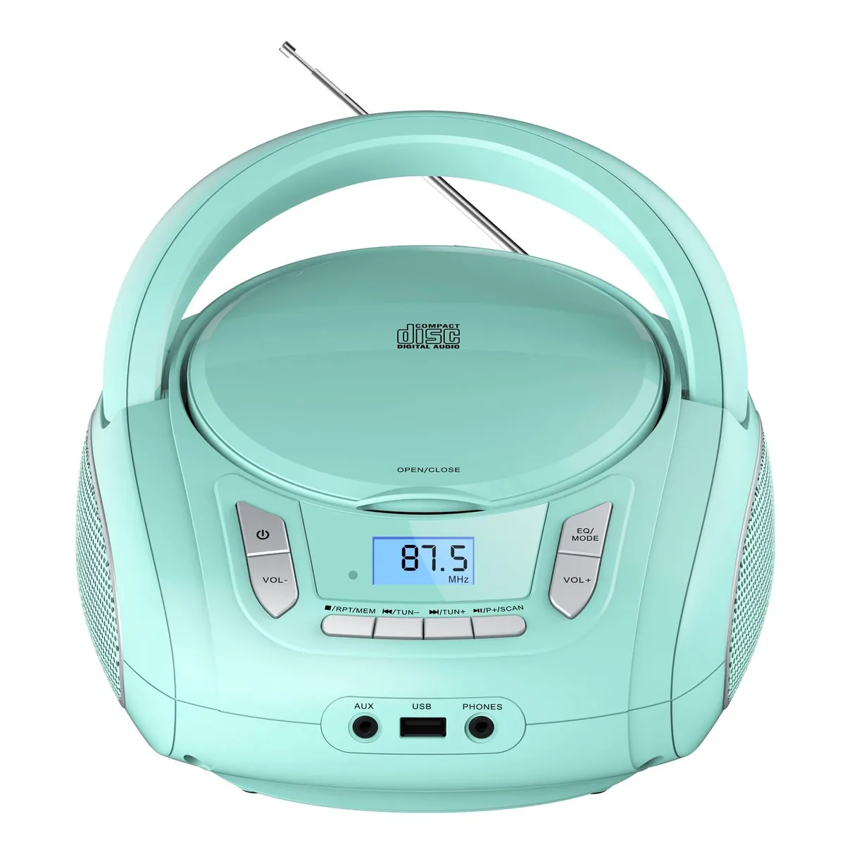 Green rectangular portable CD boombox with front-loading slot, top carry handle and side speaker grilles