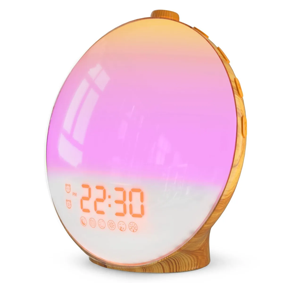 White square digital clock with wood-grain front, 6.5 by 1.5 inches