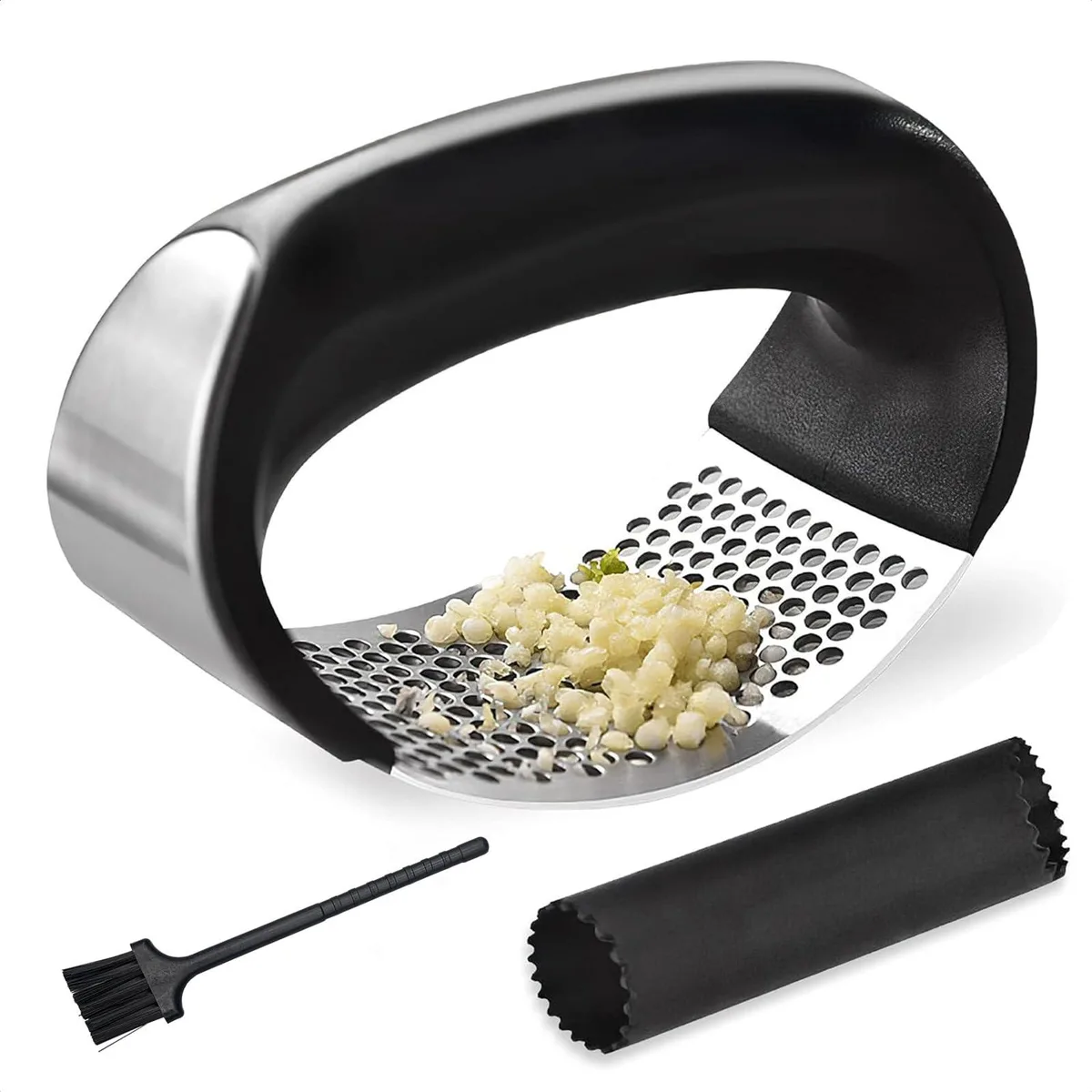 Stainless steel rocking garlic press with ergonomic handle, silicone peeler tube, and small cleaning brush