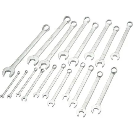 Nineteen metric combination wrenches in a canvas roll, satin chrome finish