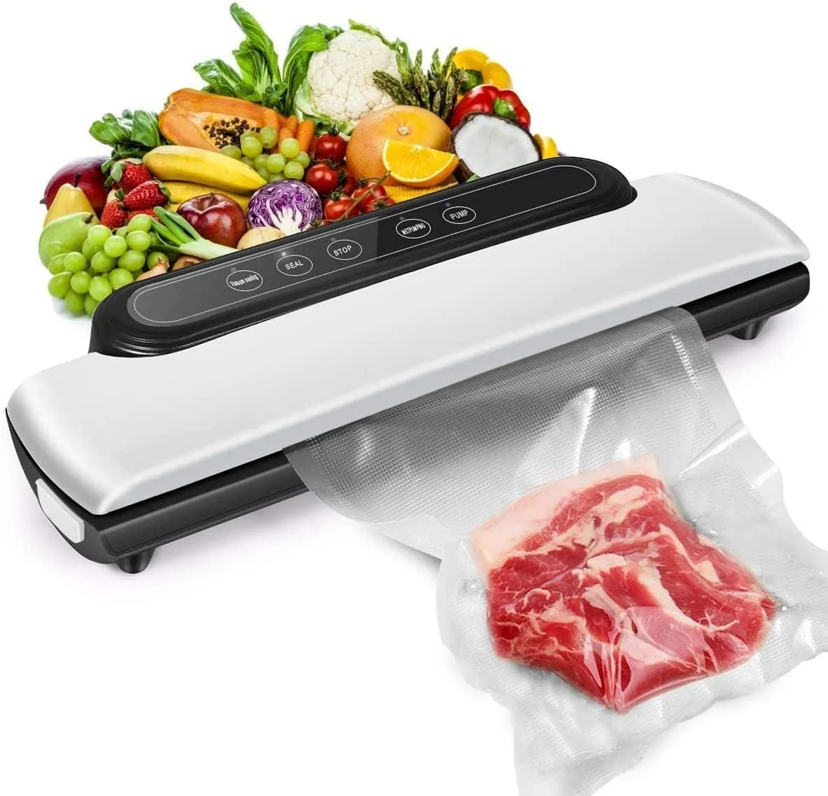 Compact white plastic vacuum sealer with clear lid and top control panel