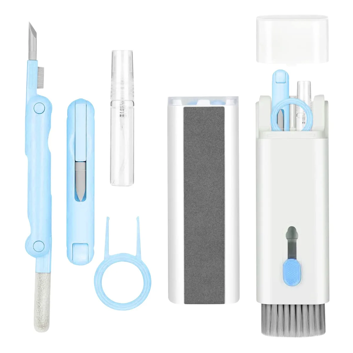 Blue 7-in-1 electronic cleaning kit in cloth bag with brushes, sponge, nib, keycap puller, cloth and spray