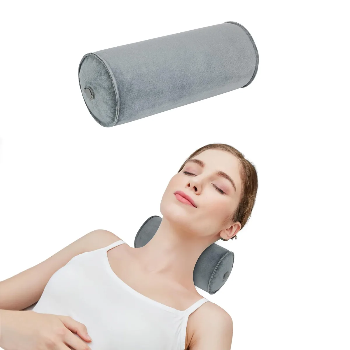 Black inflatable travel neck pillow, 4.9 x 11.8 inches, soft velvet cover