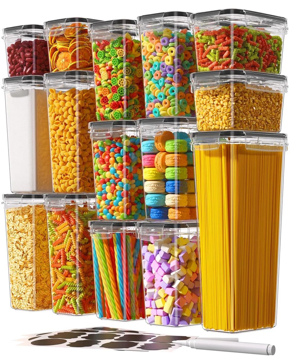 Red airtight food storage set with 15 stackable containers and 24 reusable labels