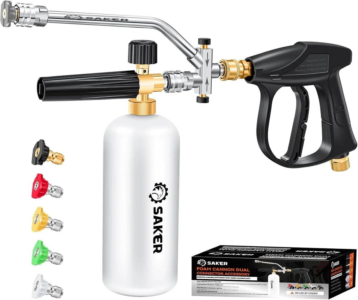Brass foam cannon kit with dual connector valve, spray bottle, pressure gun and five quick-connect nozzles
