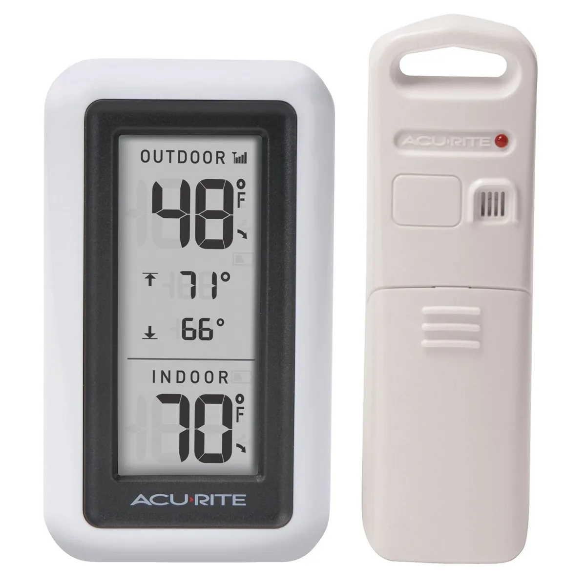 White rectangular indoor display with LCD screen and wireless outdoor sensor