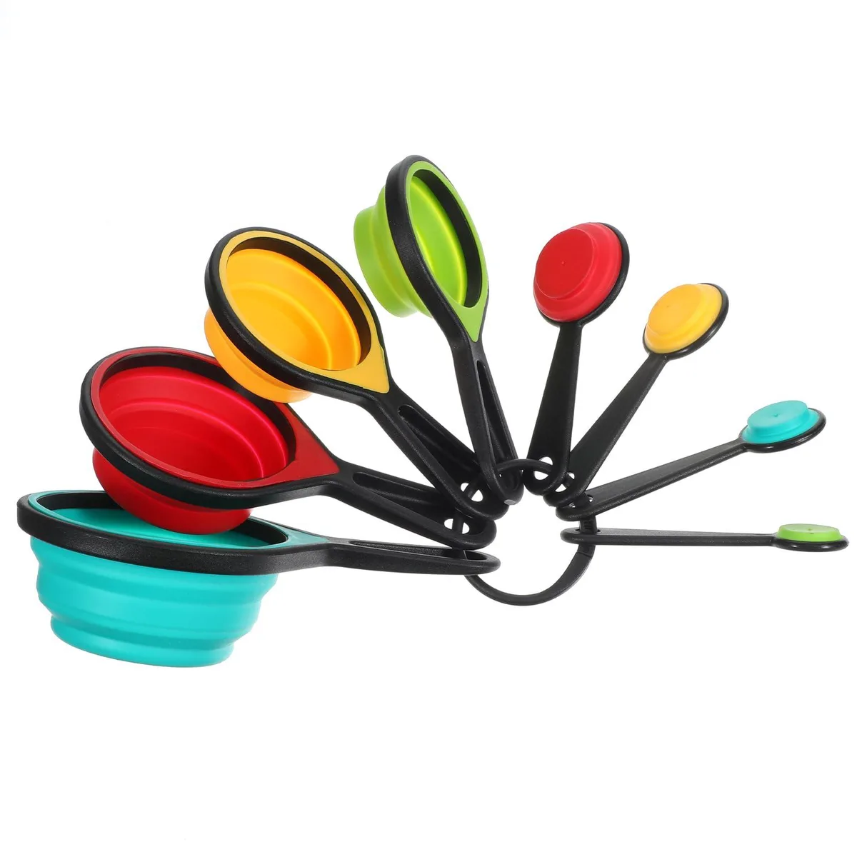 Eight multicolour silicone cups and spoons folded flat, ABS handles visible