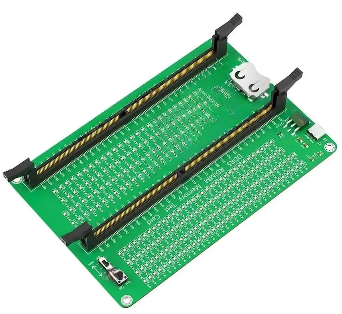 Green rectangular DDR5 memory test card with gold edge connector, long black latch and multiple LED indicator lights