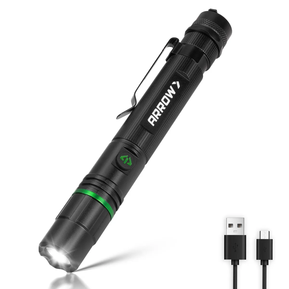 Compact cylindrical aluminum flashlight with pocket clip and USB-C port