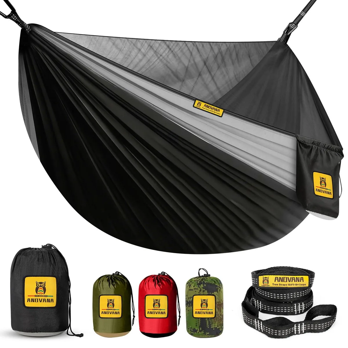 Black and grey nylon hammock with integrated mosquito net, tree straps and carry bag