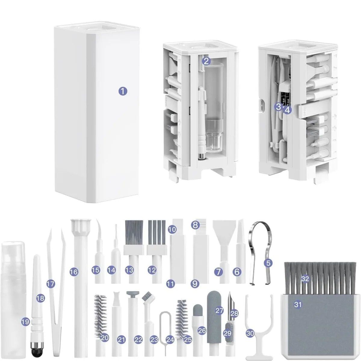 White compact cleaning kit with 32 tools in a rectangular case