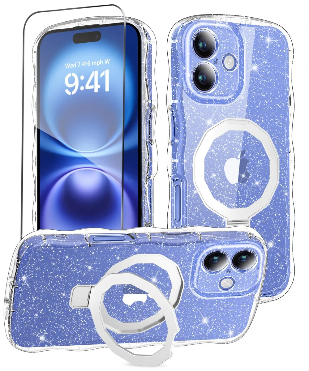  MIODIK iPhone 16 6.1 Inch Wavy Clear Glitter Case with Stand — product photo