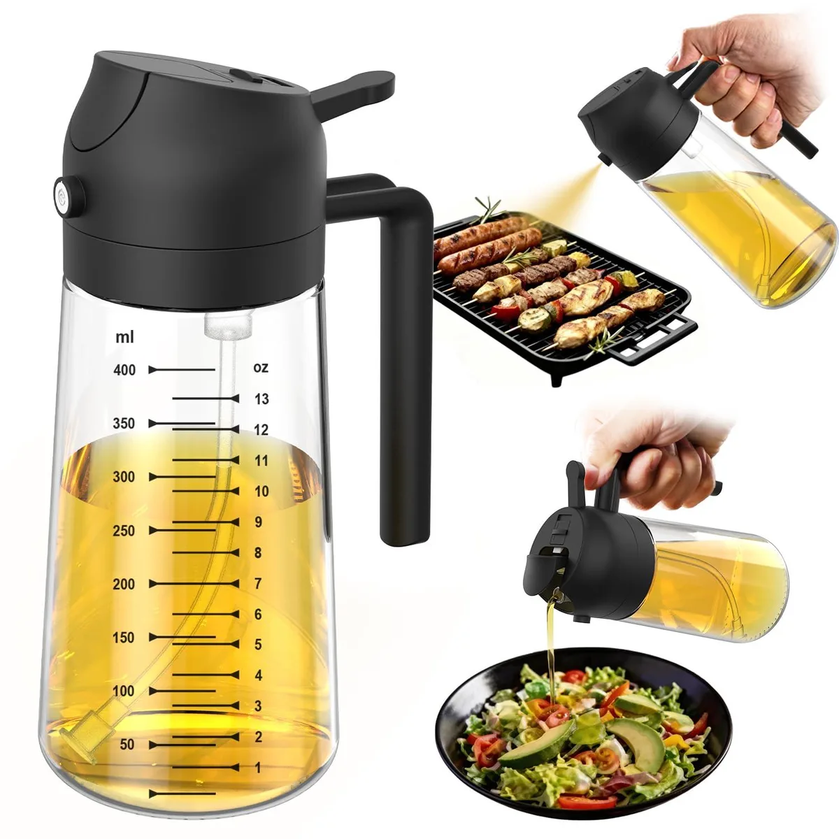 Black glass olive oil sprayer bottle with spray and pour nozzle, 150g