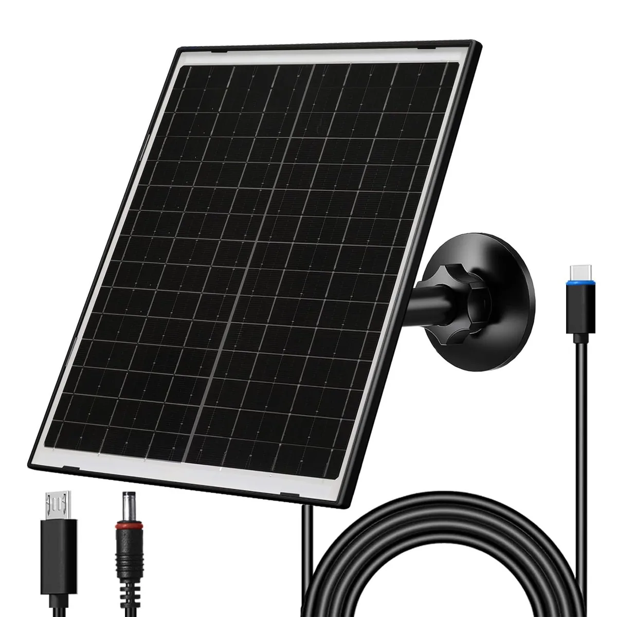 Rectangular black solar panel with adjustable mount and 7.2ft cable