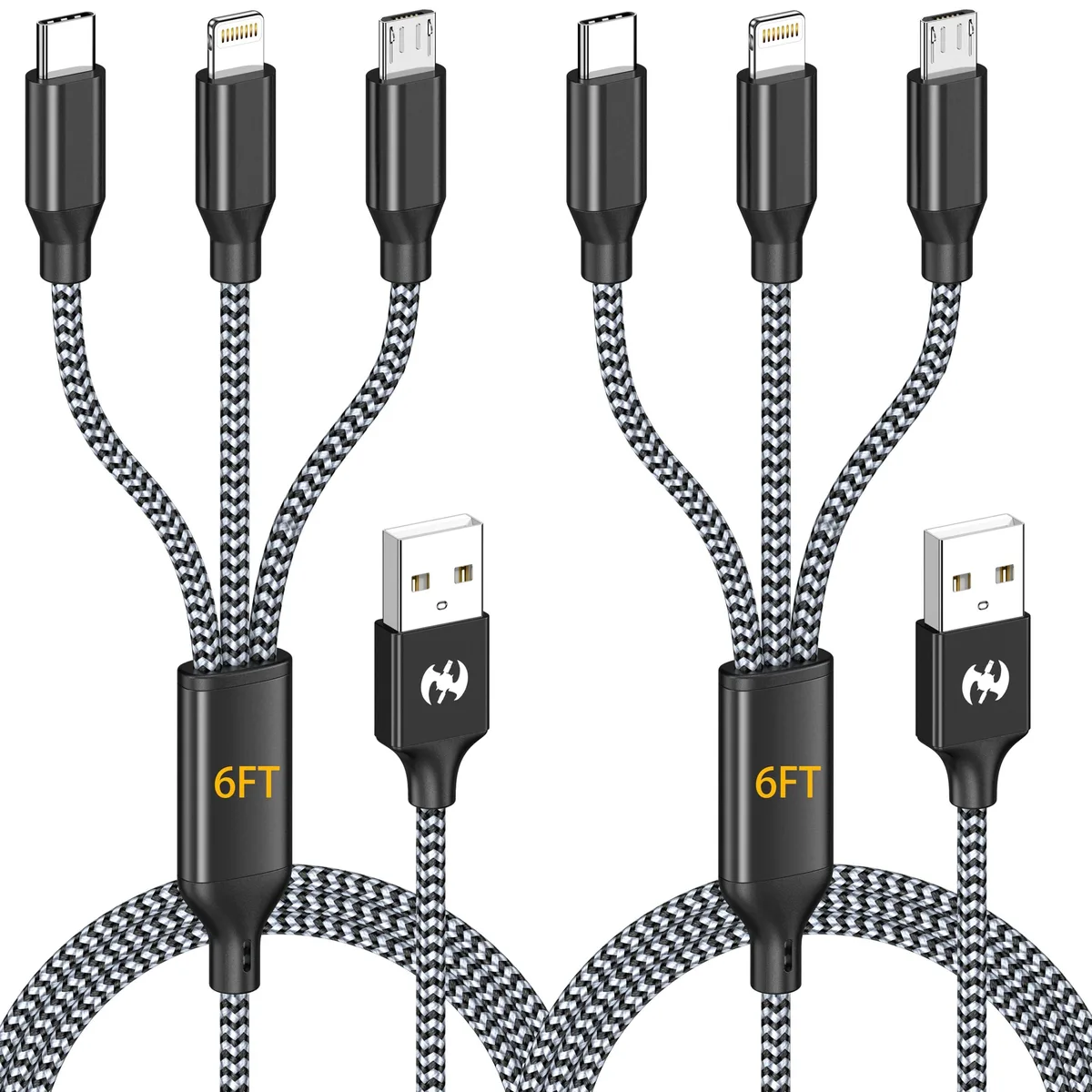Orange braided cable with Lightning, USB-C and Micro-USB tips
