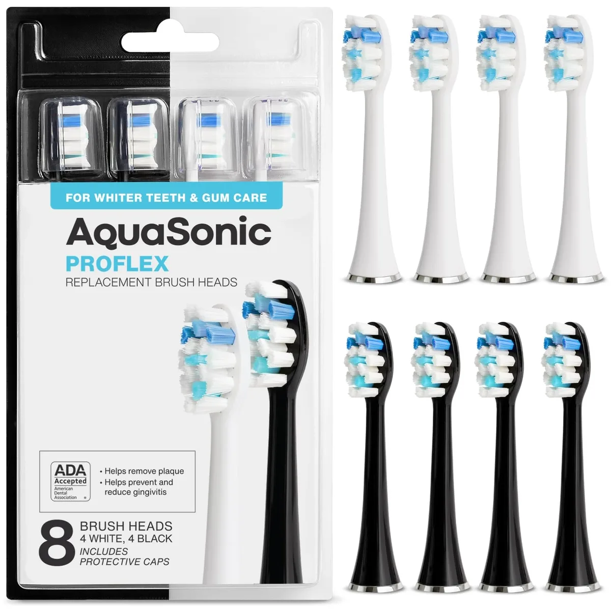 Eight black and white ProFlex brush heads in a pack