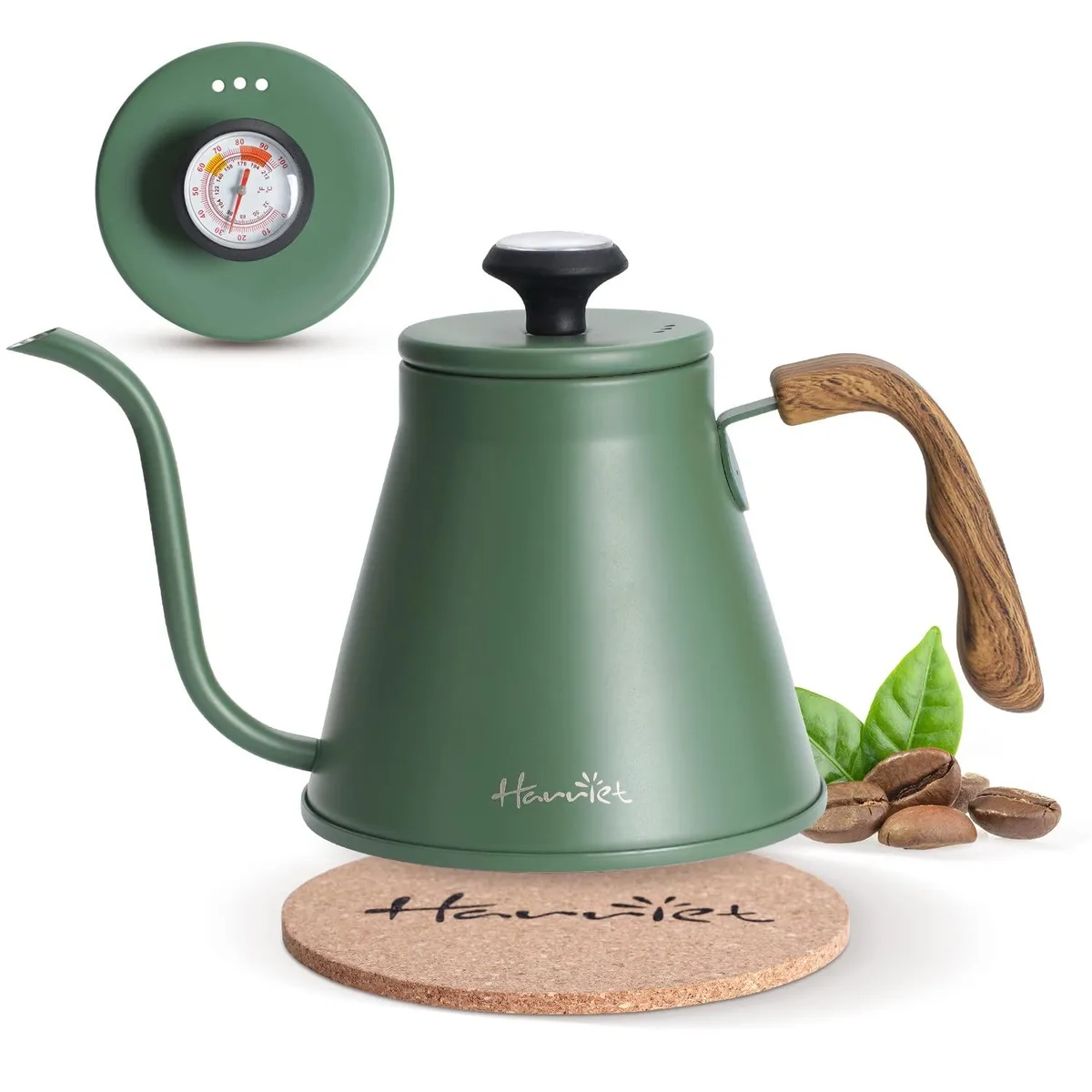 Green stainless steel gooseneck kettle with built-in thermometer and wooden handle
