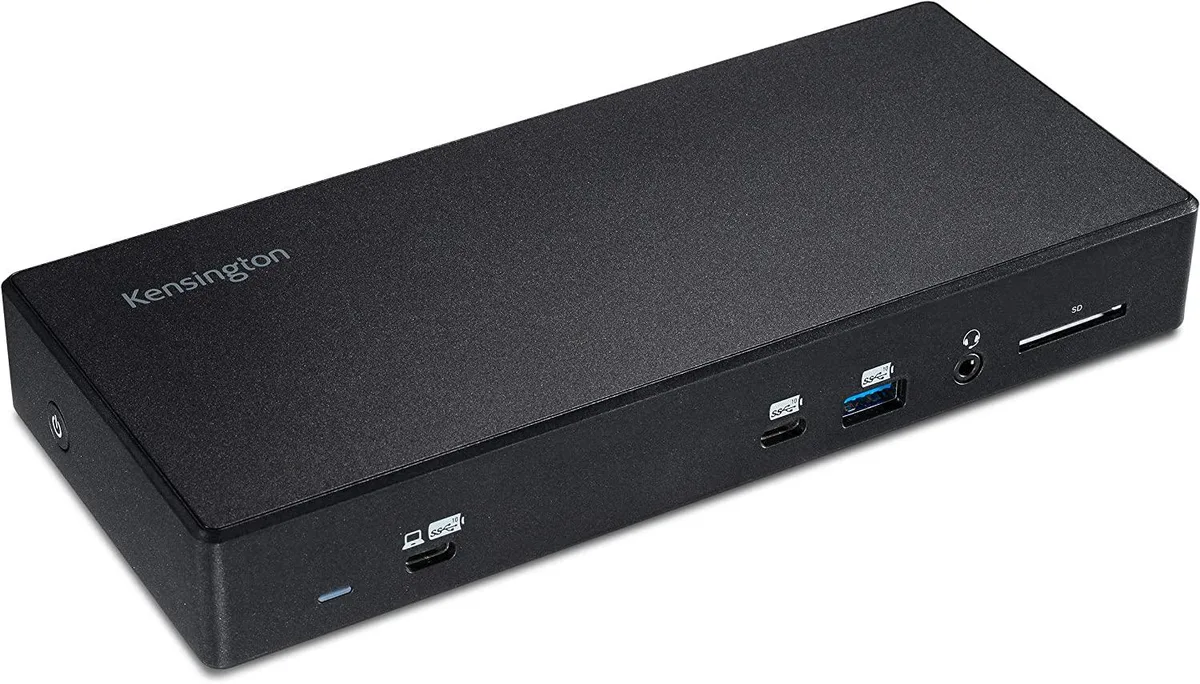 Rectangular silver docking station with front ports and rear video outputs