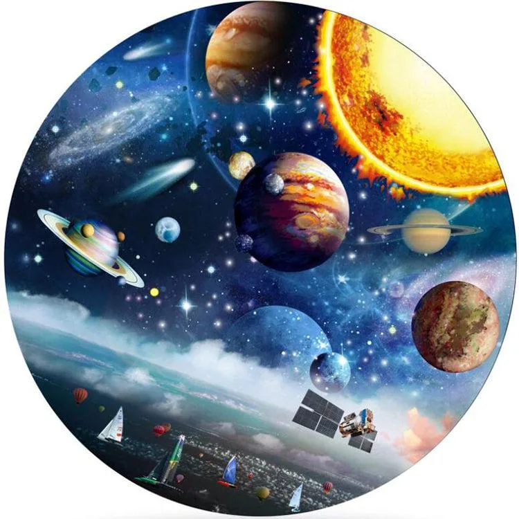 Round 1000-piece jigsaw puzzle showing planets and space, 27 inches finished size, multi-colour cardboard pieces in a box