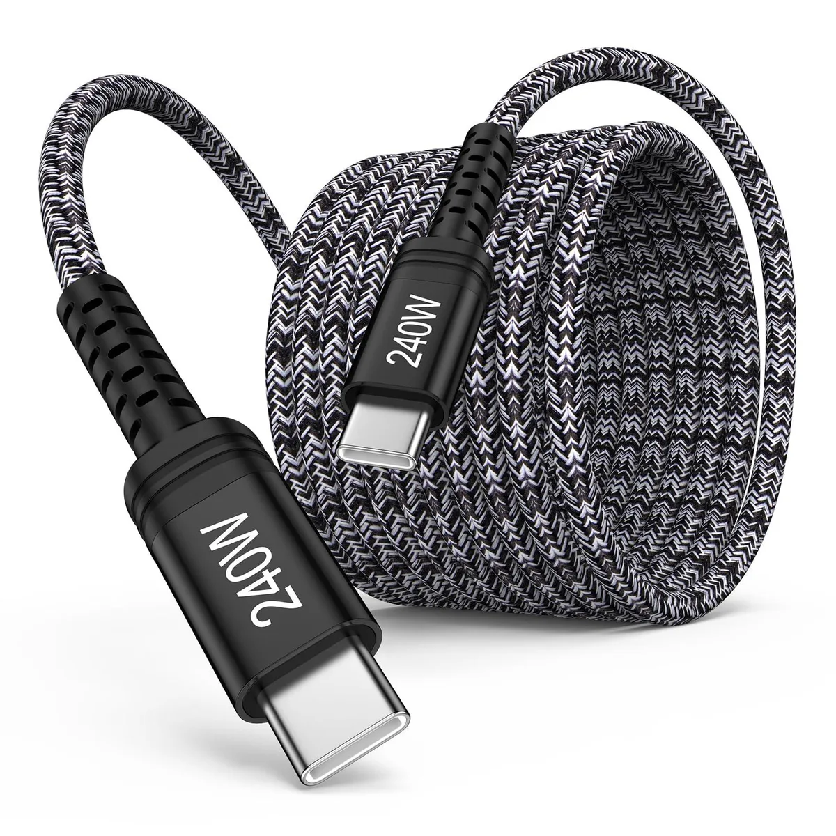 Black nylon-braided USB-C to USB-C cable, ten feet long, male-to-male connectors