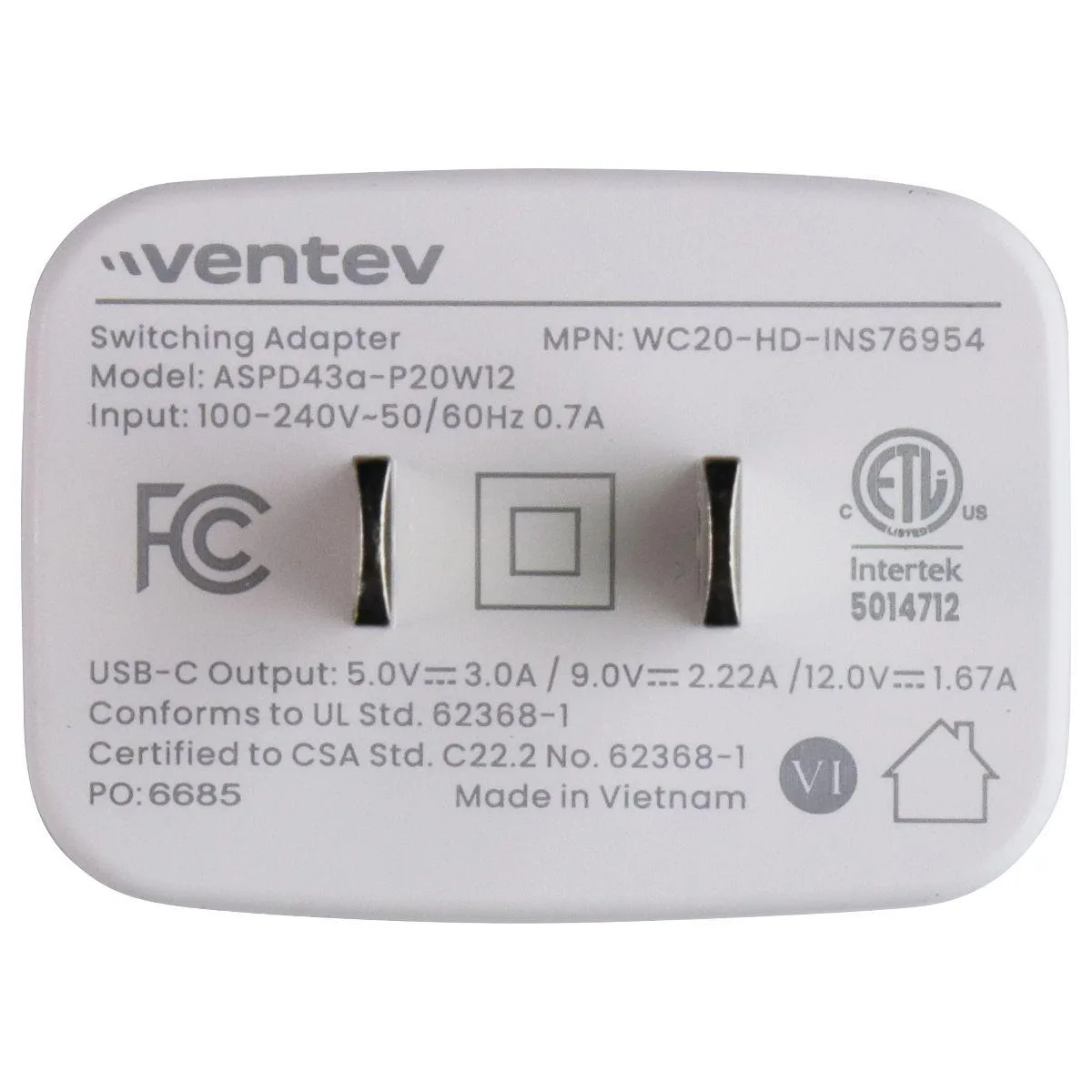 Ventev Ventev ASPD43a-P20W12 20W USB-C Wall Charger White — product photo