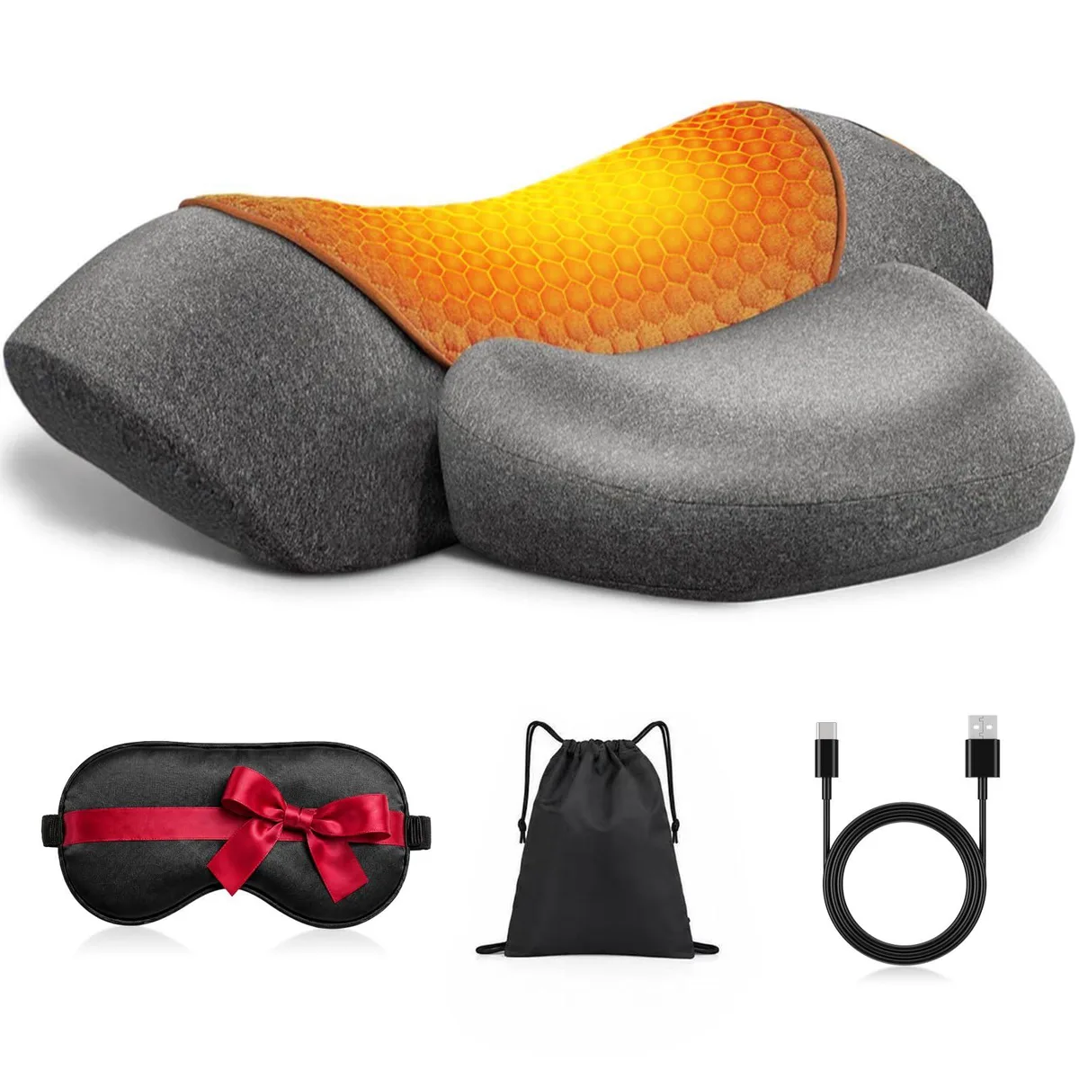 Gray cordless heated neck massager pillow with memory foam, rectangular shape, fabric cover visible
