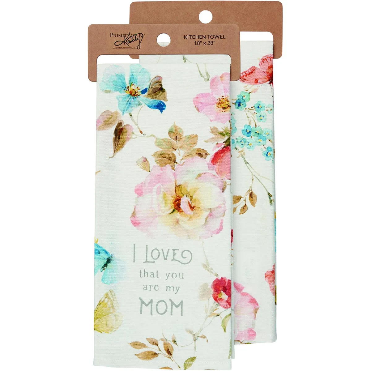 A white cotton kitchen towel with watercolor butterflies and flowers, 18 by 28 inches